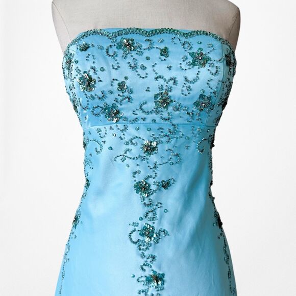 Vintage Y2K Pastel Blue Strapless Floral Beaded Satin Maxi Prom Dress Size S - Picture 5 of 14